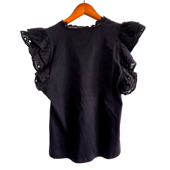 Marc New York Black V-Neck Eyelet Embroidery Ruffle Short Sleeve Top Size Small - Picture 3 of 5